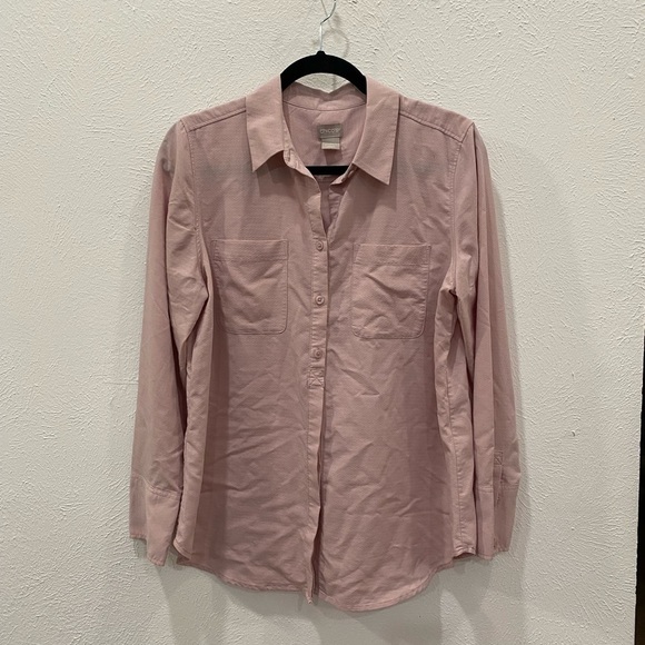 Chico’s Pink Long Sleeve Button Up Swiss Dot Tunic Blouse sz 1 M/8 - Picture 1 of 4
